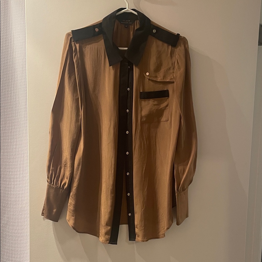 Ted Baker Size 3 Golden Brown and Black Silk Shirt